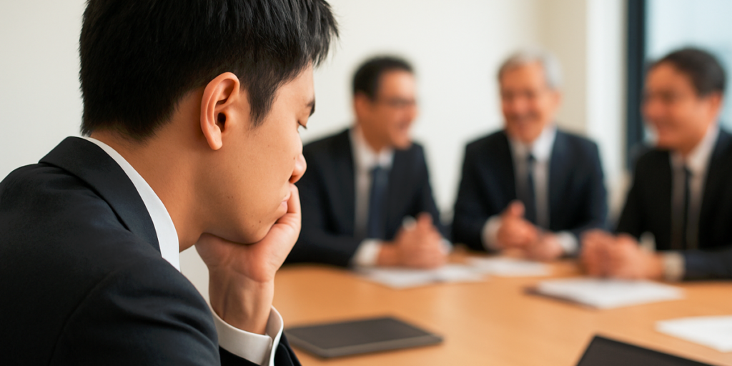 male_employee_fed_up_with_pointless_meetings 無駄な会議にうんざりする男性社員