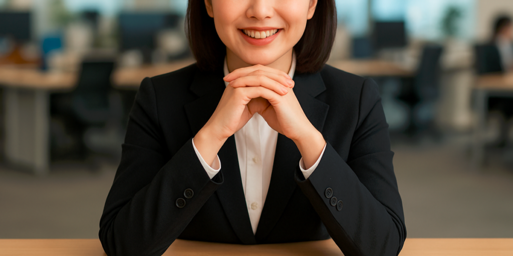a_smiling_female_employee_with_her_hands_clasped 手を組んでほほ笑んでいる女性社員