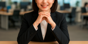 手を組んでほほ笑んでいる女性社員