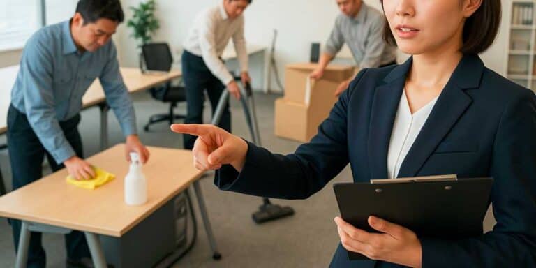 大掃除の指示を出している総務女性