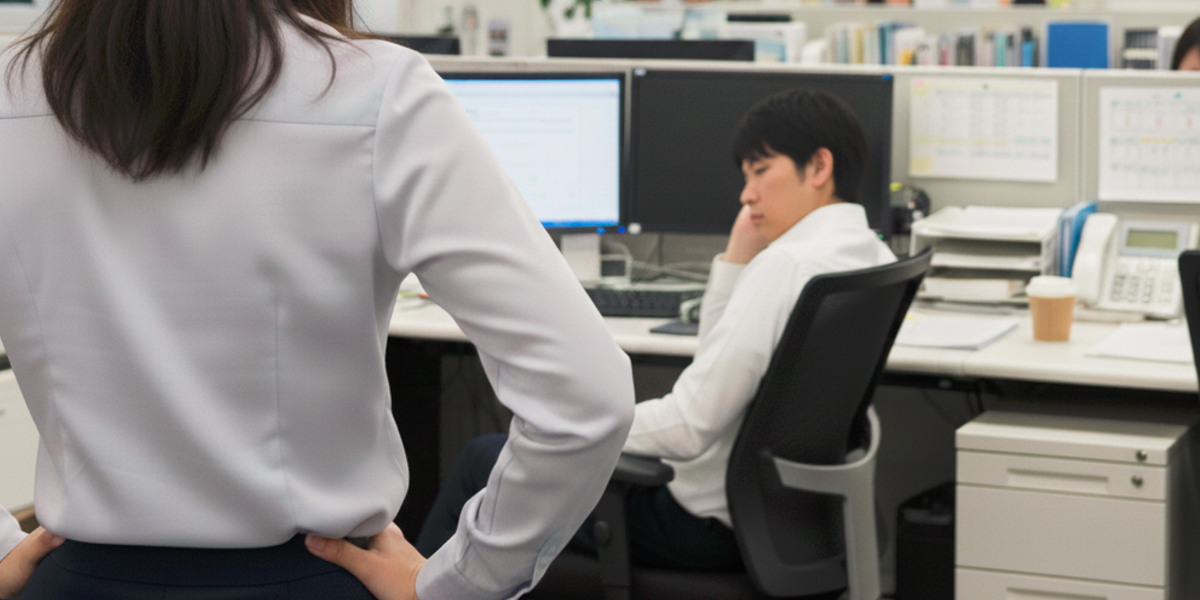 やる気のない男性社員を見る女性社員