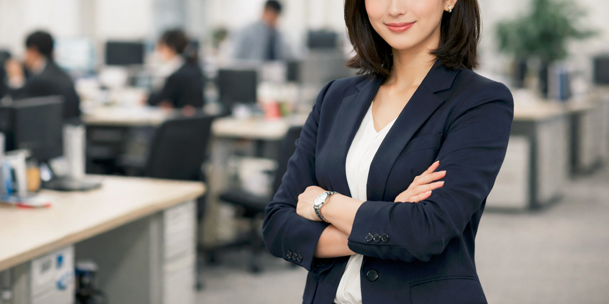 自信の笑顔を見せる総務女性