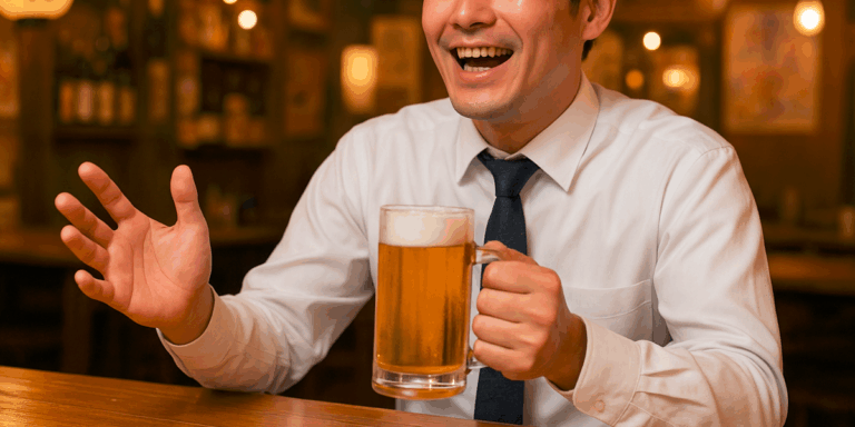 ビールを飲みながら楽しそうに話す男性社員