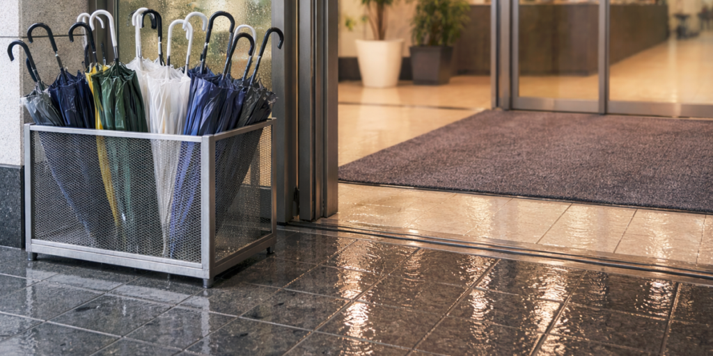 雨の日の会社の玄関