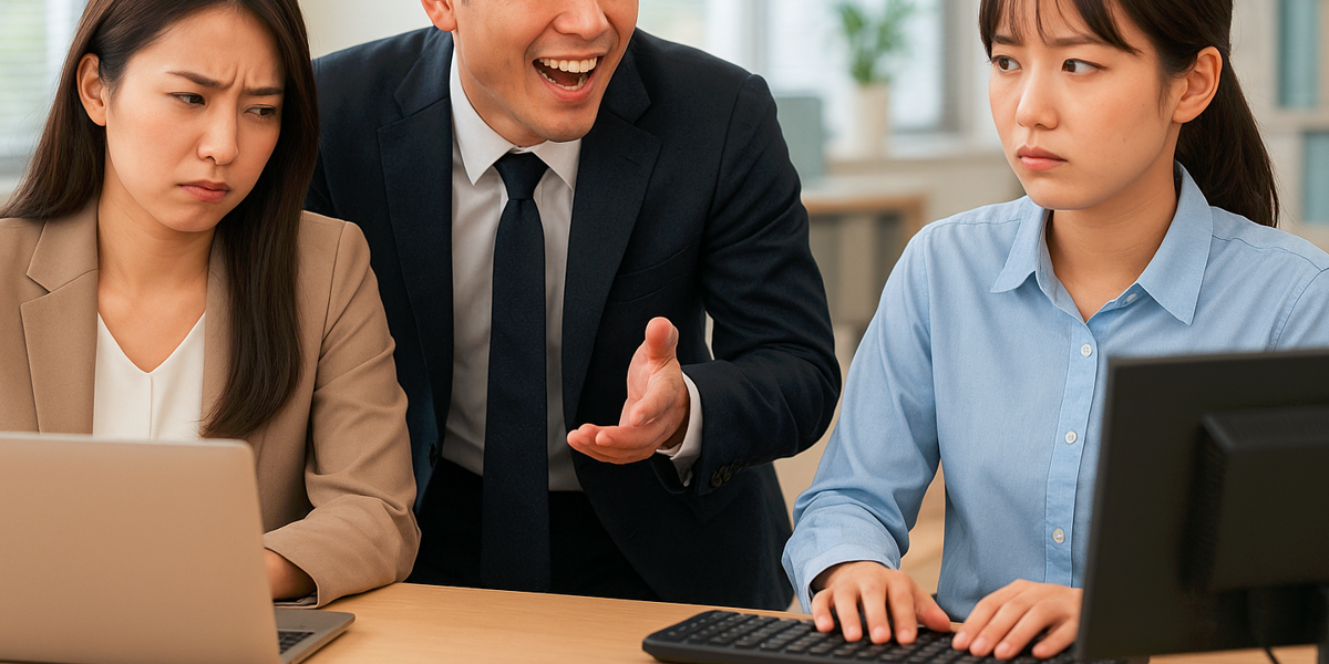 おしゃべりをする男性社員にうんざりな女性社員