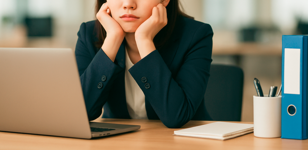 a_female_employee_sitting_at_her_desk_and_looking_bored 机に座って暇そうにしている女性社員