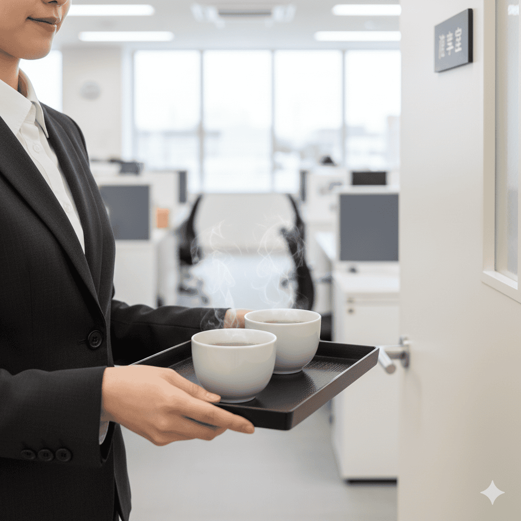 female_employee_serving_tea 応接室の前でお茶出しをする準備をしている女性社員