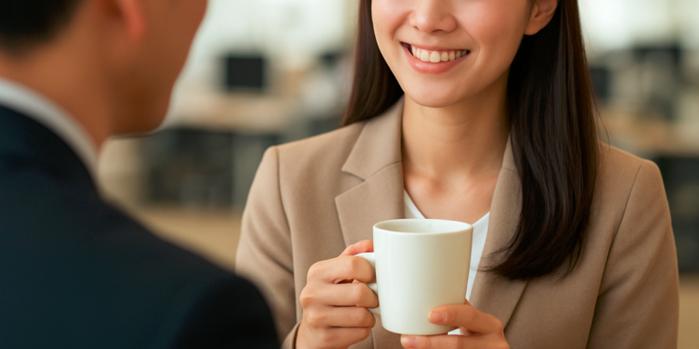 好意のある男性社員に微笑む女性社員