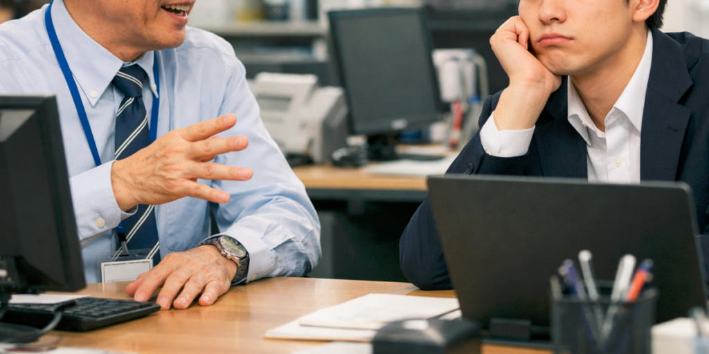a_male_employee_is_fed_up_with_the_stories_of_veteran_employees ベテラン社員の話にうんざりな男性社員