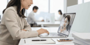 ノートパソコン内のAIに話しかける女性社員