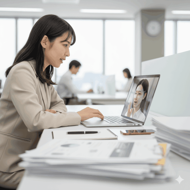 ノートパソコン内のAIに話しかける女性社員