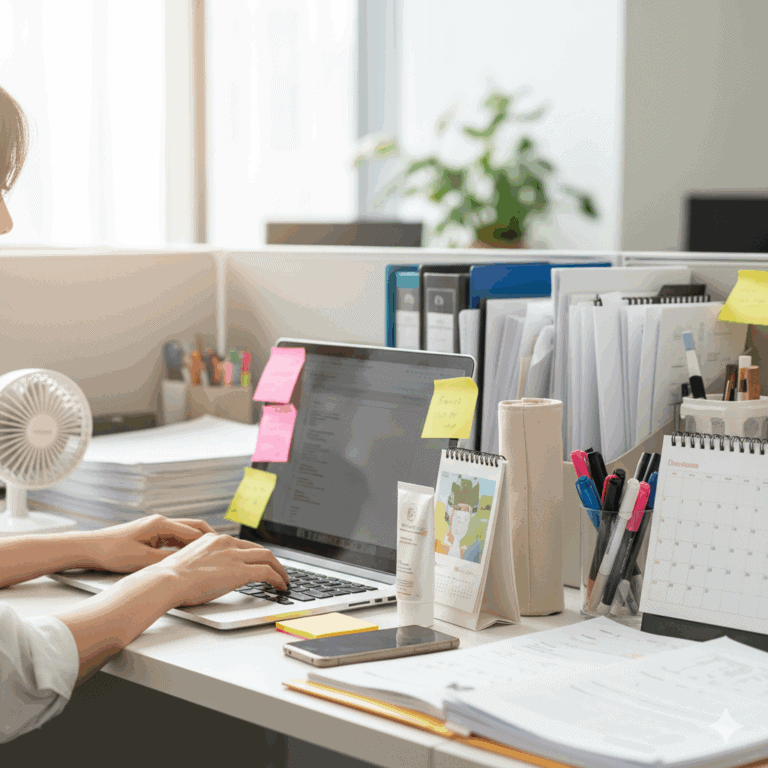 デスク周りの多くの備品がある職場風景