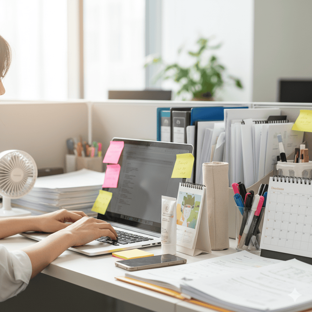 computer_accessories デスク周りの多くの備品がある職場風景