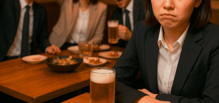 お酒が飲めない女性社員が会社の忘年会でつまらなそうにしている風景