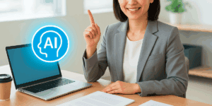 パソコンでAIを使って書類作成をしている女性社員