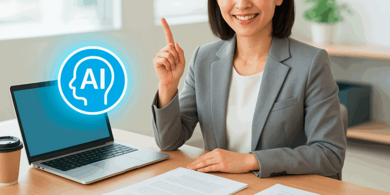 パソコンでAIを使って書類作成をしている女性社員