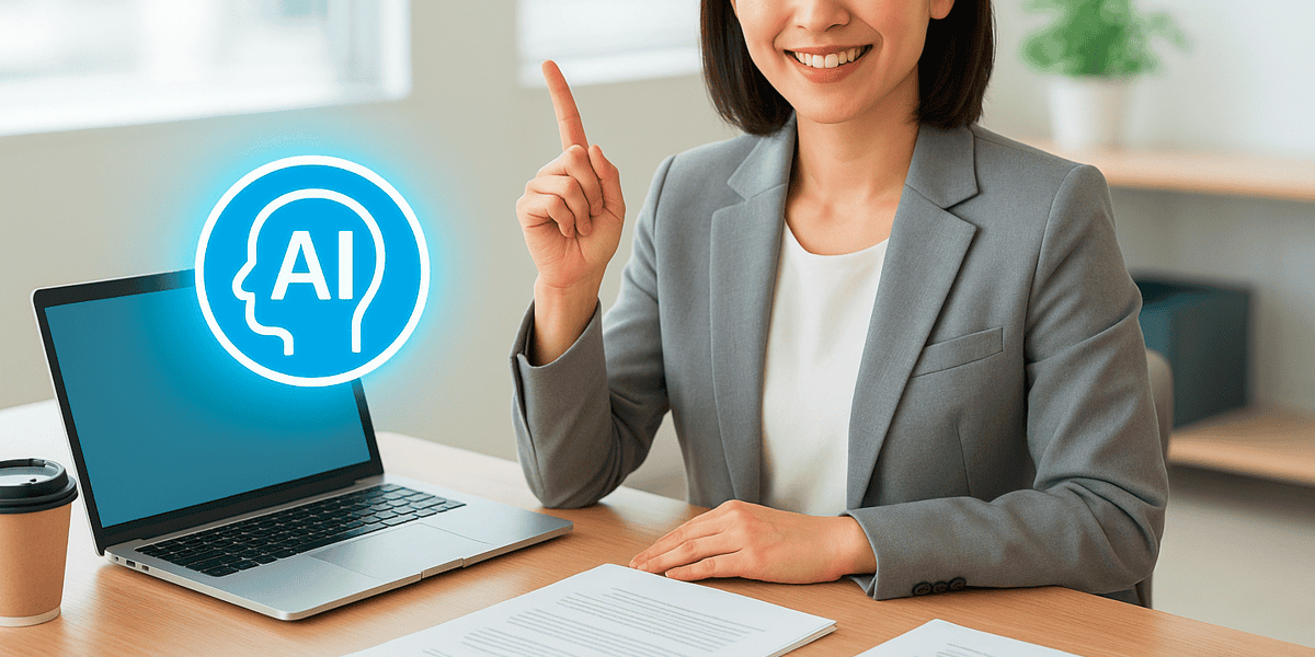 パソコンでAIを使って書類作成をしている女性社員