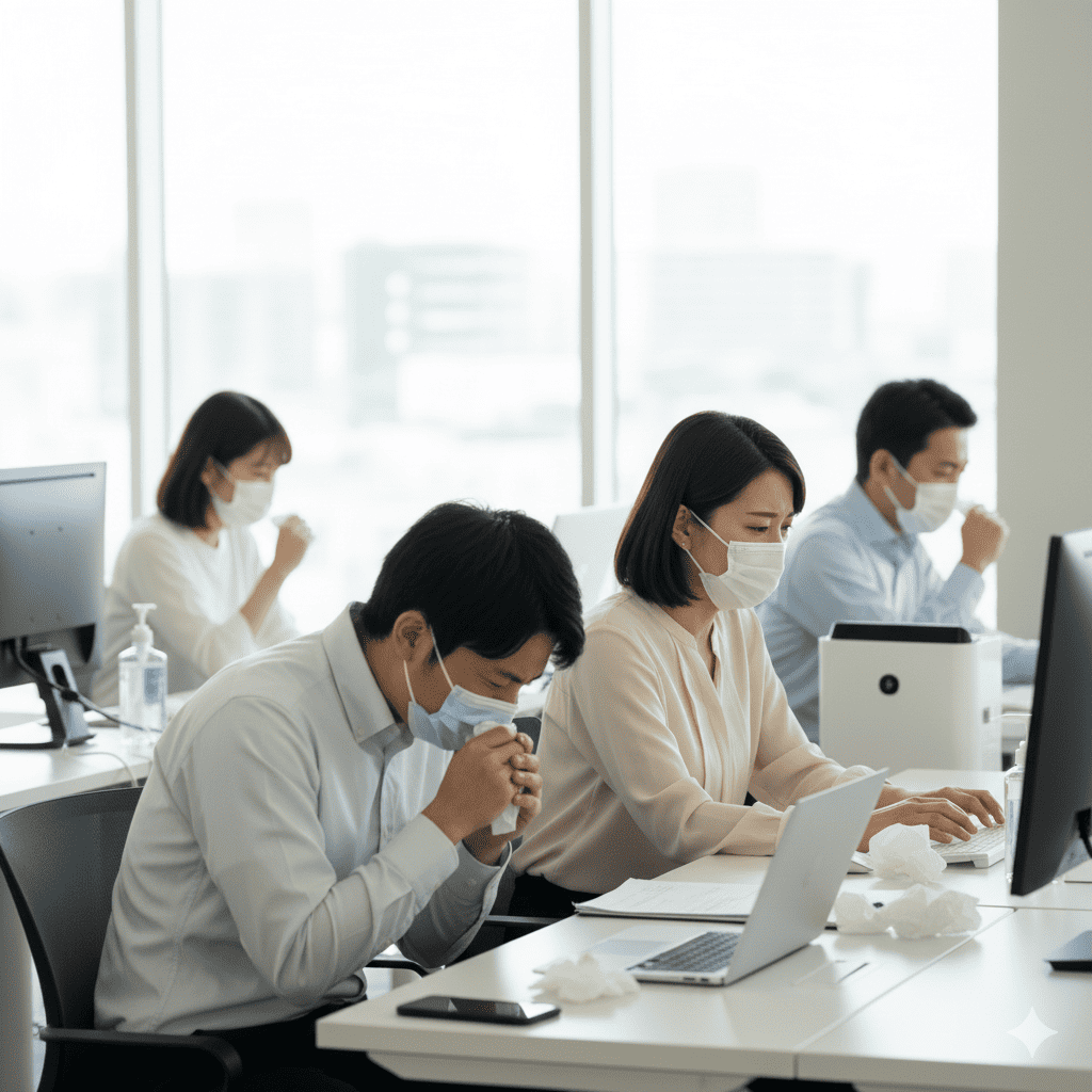 風邪が蔓延している社内風景