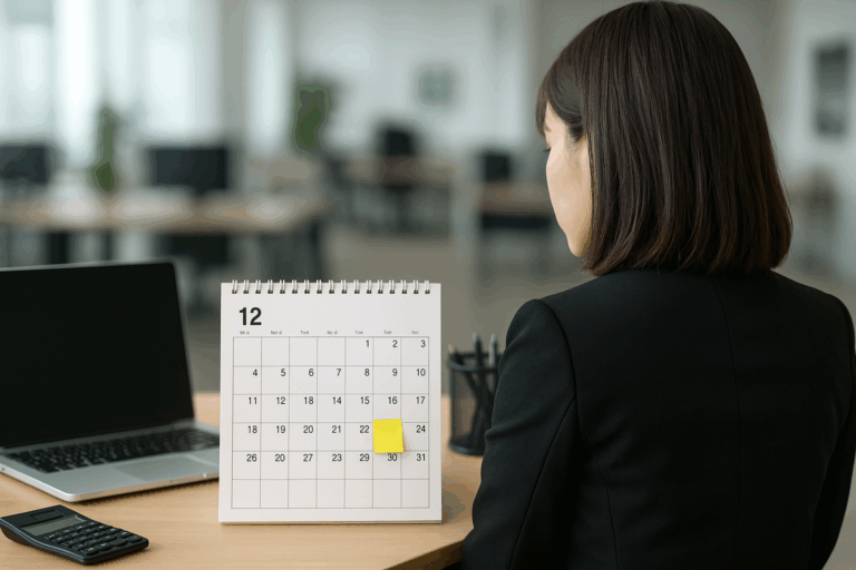 卓上カレンダーを見て憂鬱になる女性社員