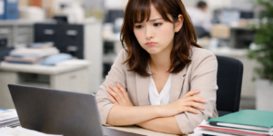 社内でパソコンの前で考え込み悩んでいる総務の女性社員