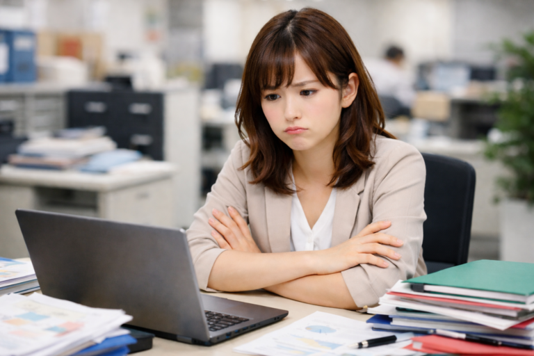 社内でパソコンの前で考え込み悩んでいる総務の女性社員