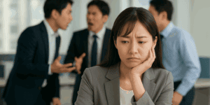 口論している男性社員にうんざりしている女性社員