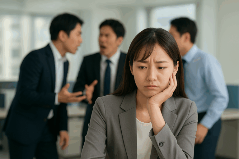 口論している男性社員にうんざりしている女性社員