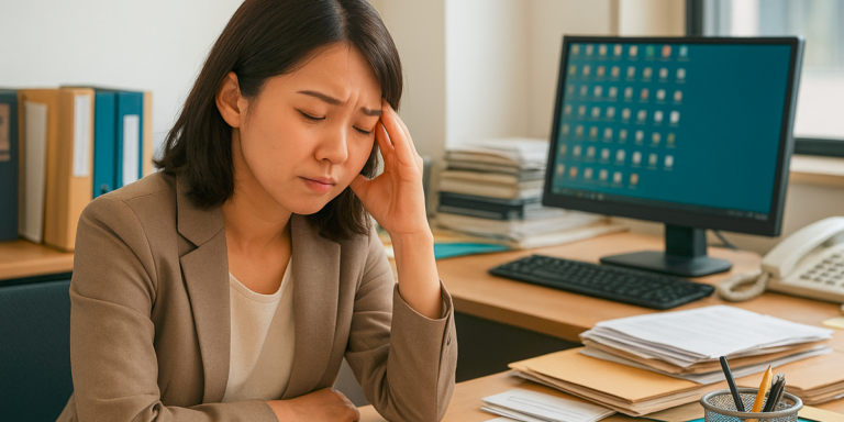 机の前に座って悩む女性社員