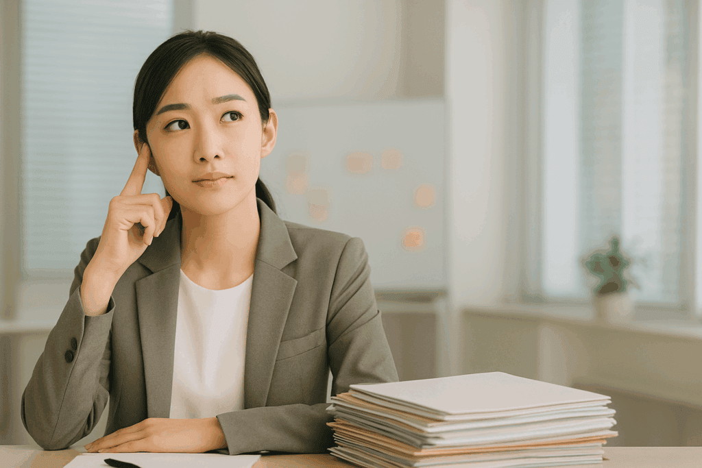 thinging_working_woman 職場で考え込む女性社員