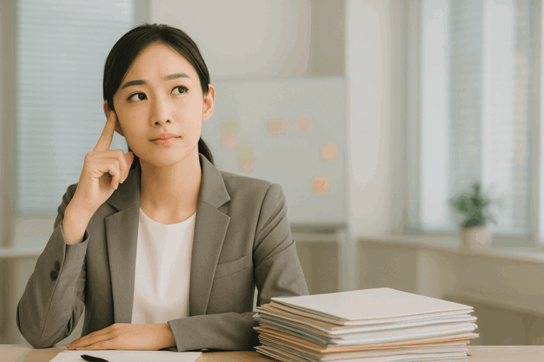 職場で考え込む女性社員