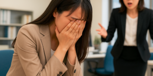 職場で座り込んで泣いている女性社員