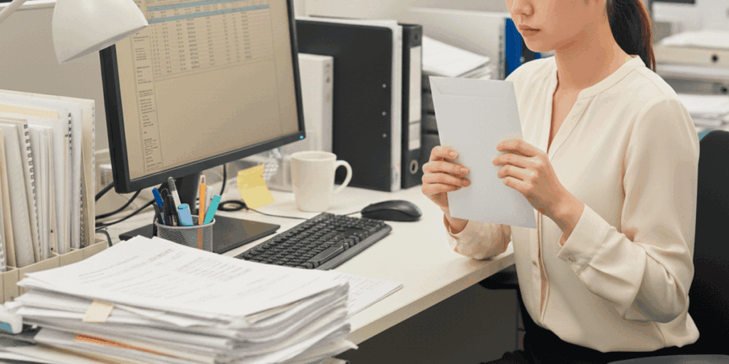 a_female_employee_wondering_whether_to_submit_her_resignation 退職届を出すか迷っている女性社員