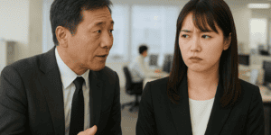 女性社員に話しかける男性社員