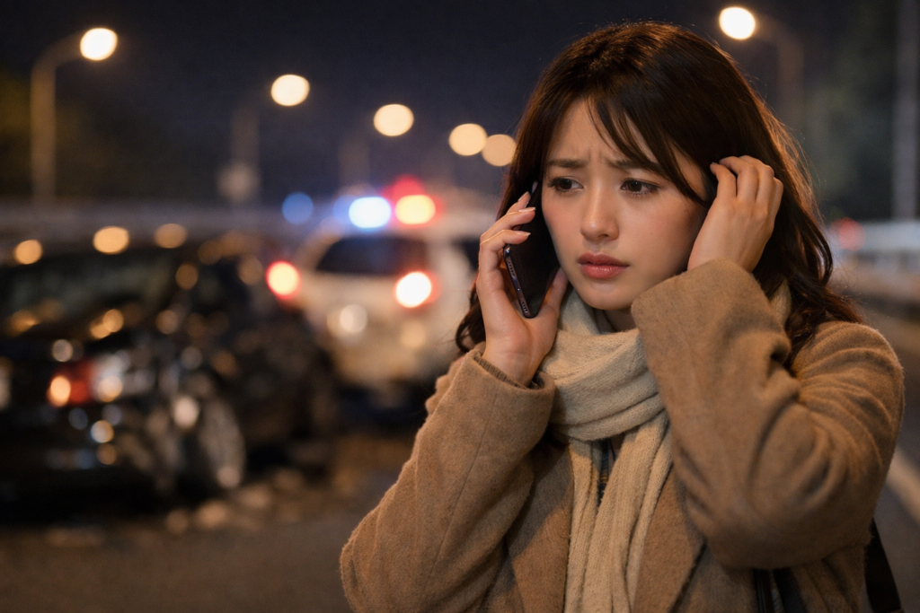 事故にあって会社に連絡をいれる女性