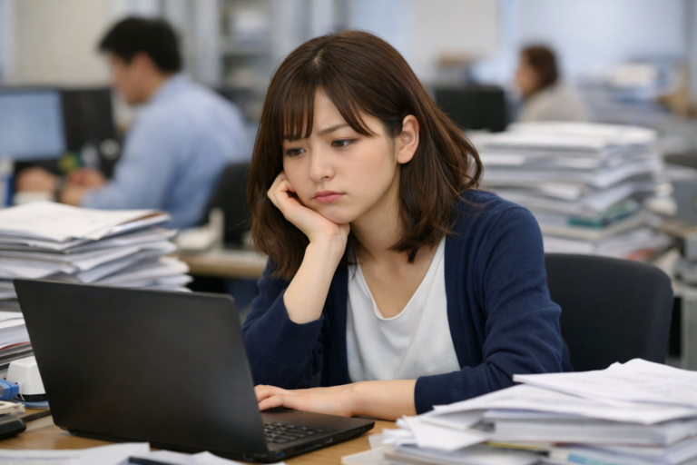 多くの書類を処理している女性社員