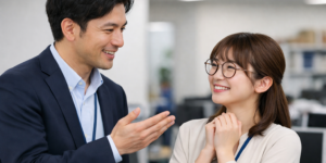 女性社員を褒める男性社員