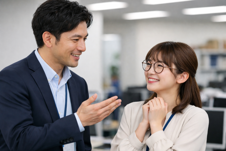 女性社員を褒める男性社員