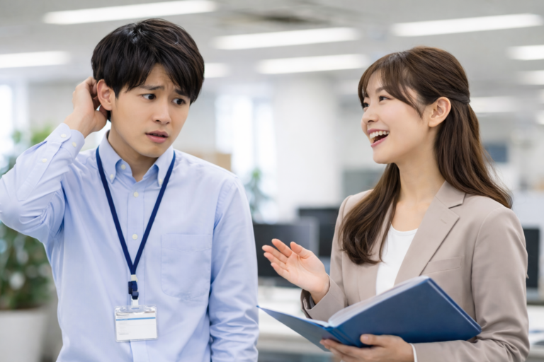 女性社員と会話する男性社員
