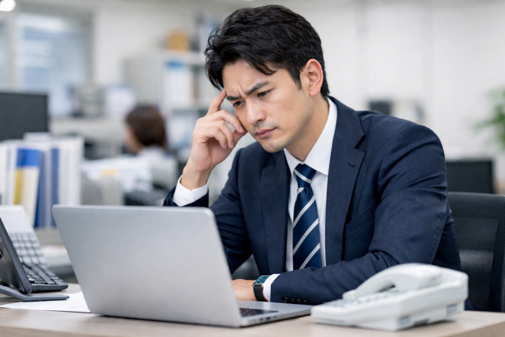 a_male_employee_worried_while_looking_at_a_computer パソコンを見ながら悩む男性社員