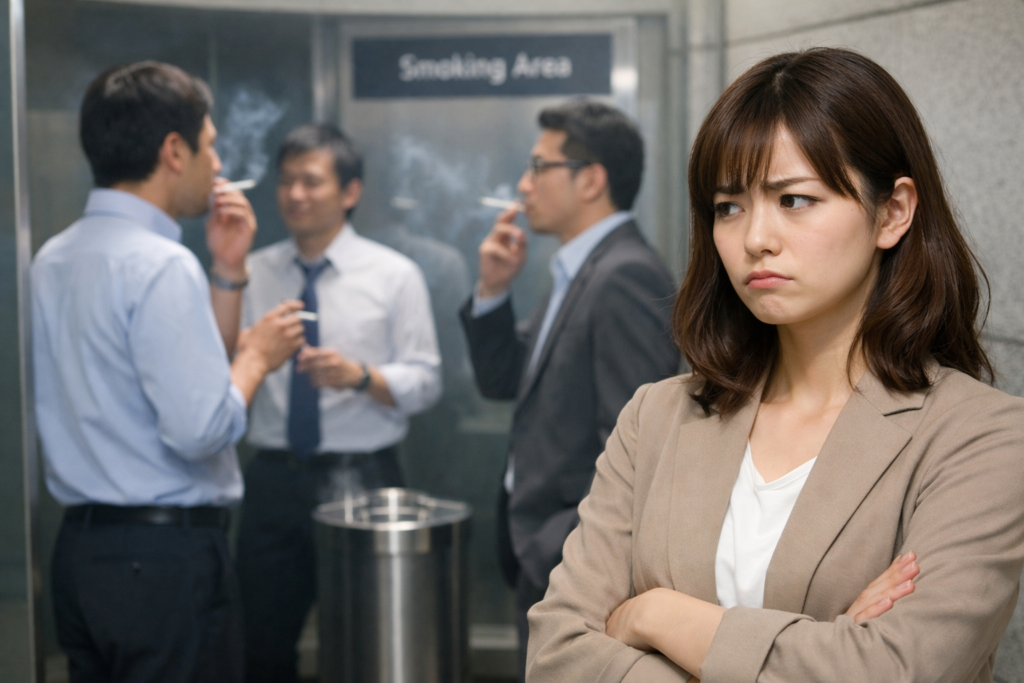 喫煙所を見つめる女性社員