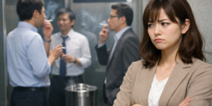 喫煙所を見つめる女性社員