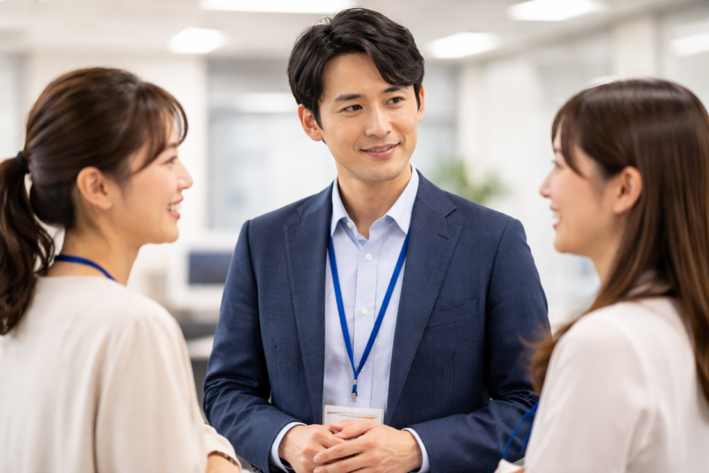 男性社員に話しかけている女性社員