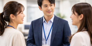 男性社員に話しかけている女性社員