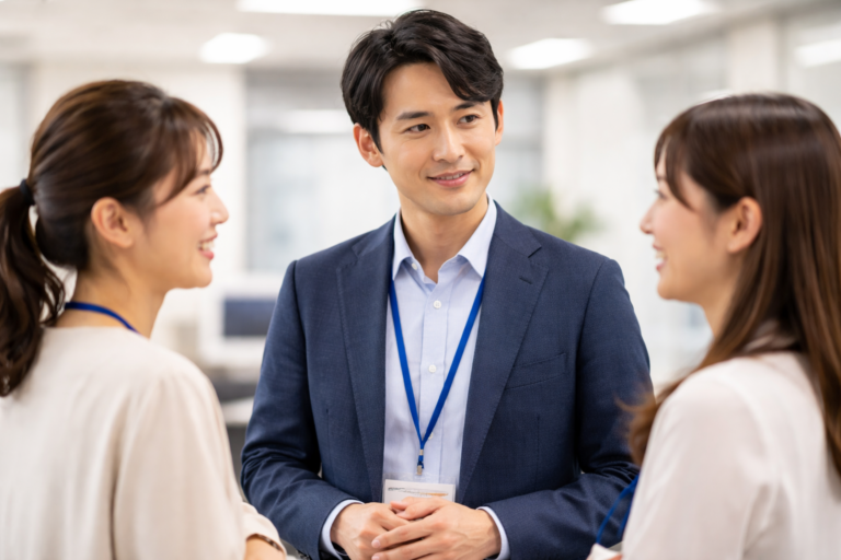 男性社員に話しかけている女性社員