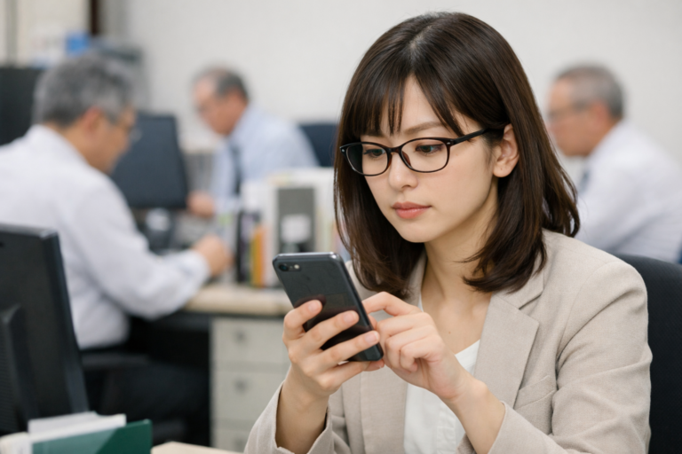職場の違和感をスマートフォンで調べる女性社員
