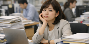仕事が忙しくてうんざりしている女性社員