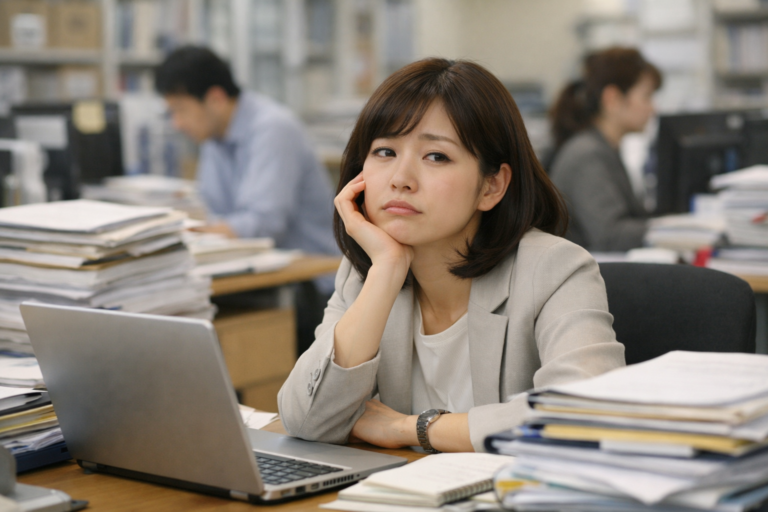 仕事が忙しくてうんざりしている女性社員