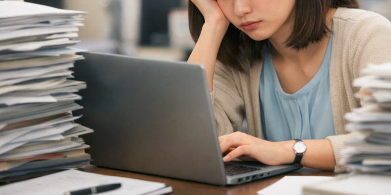 パソコンをみながら悩む女性社員