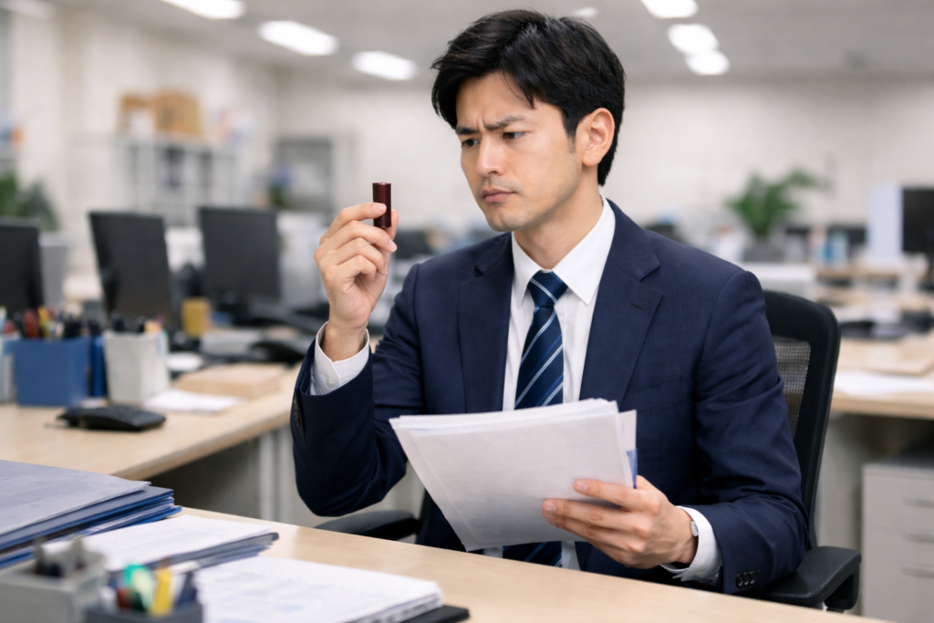 印鑑を見て違和感を感じる男性社員