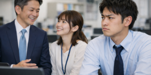 談笑する男女の社員と男性社員